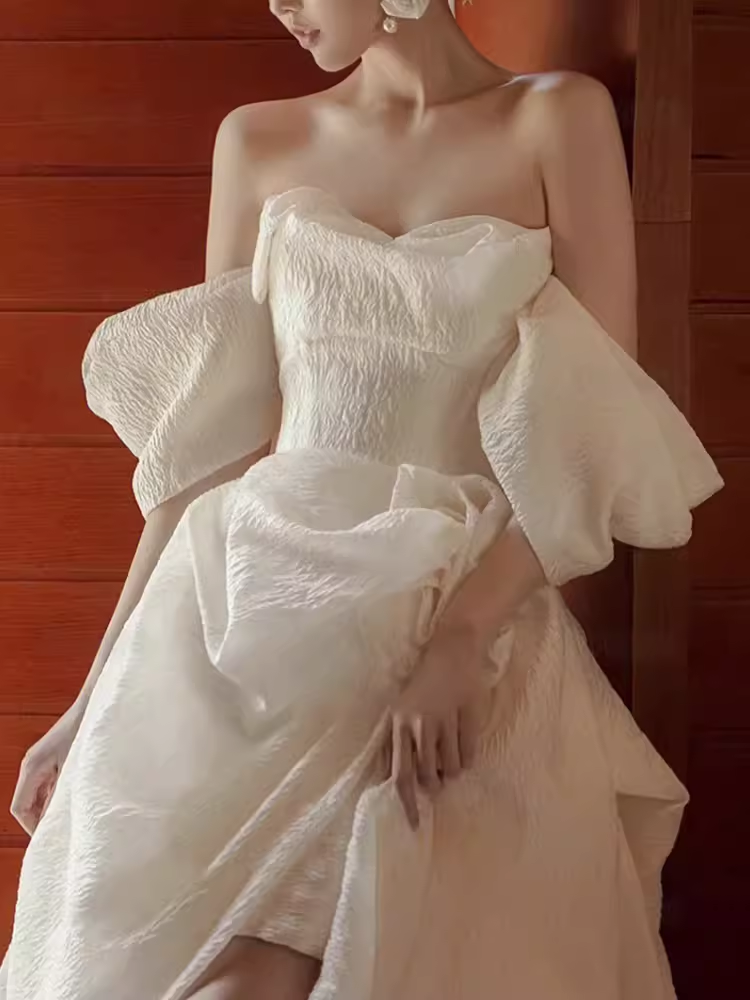 Chic Ball Gown Off The Shoulder White Wedding Dress With Short Sleeves C1461