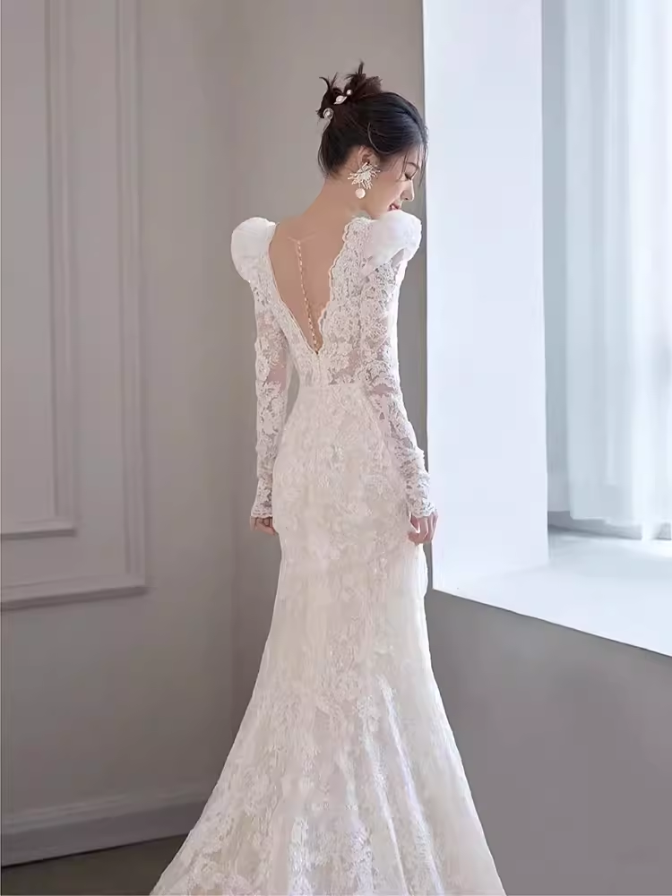 Chic Mermaid V Neckline Lace White Wedding Dress With Long Sleeves C1467