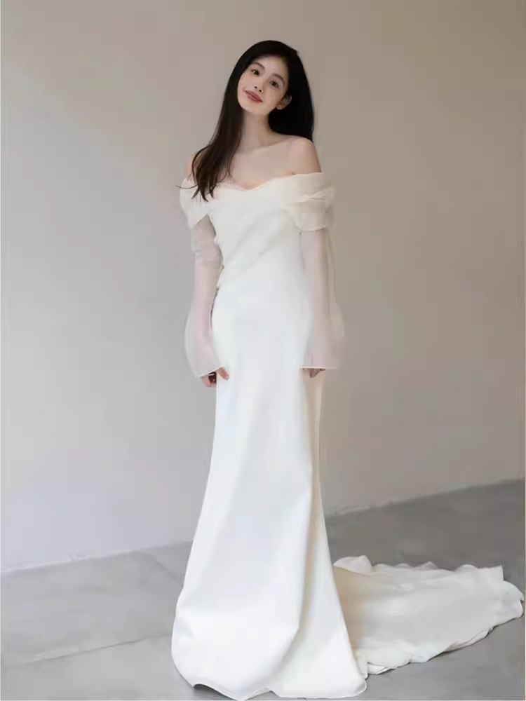 Chic Mermaid Off The Shoulder White Wedding Dress With Long Sleeves C1468
