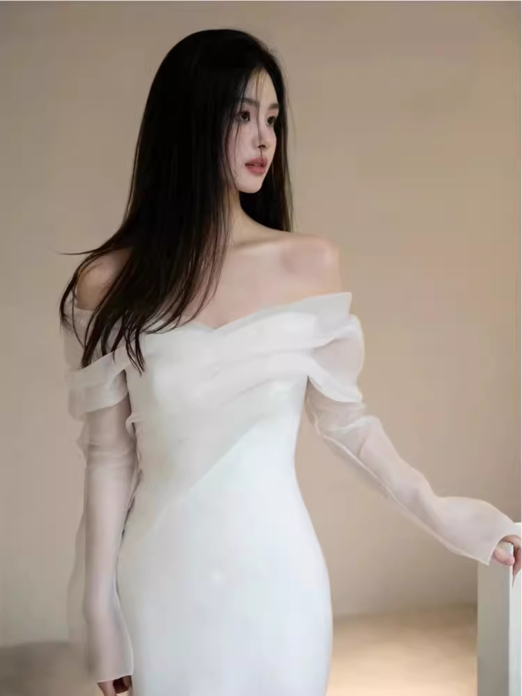 Chic Mermaid Off The Shoulder White Wedding Dress With Long Sleeves C1468