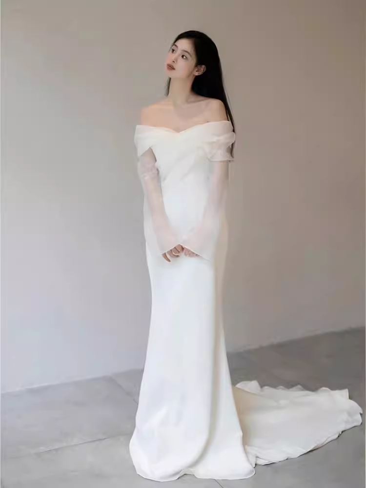 Chic Mermaid Off The Shoulder White Wedding Dress With Long Sleeves C1468