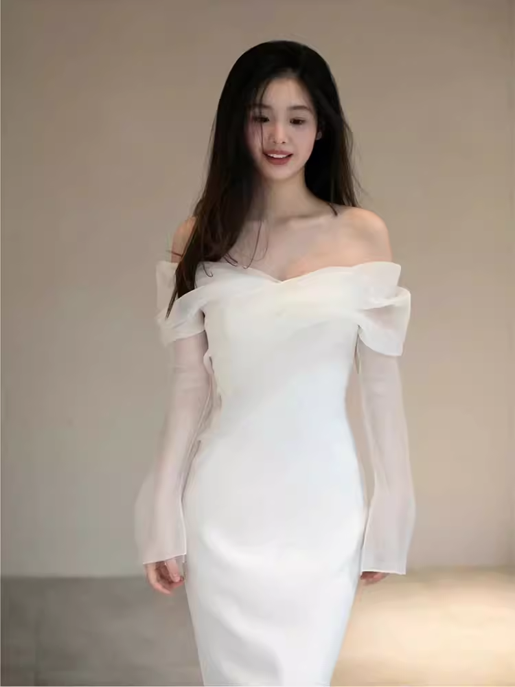 Chic Mermaid Off The Shoulder White Wedding Dress With Long Sleeves C1468
