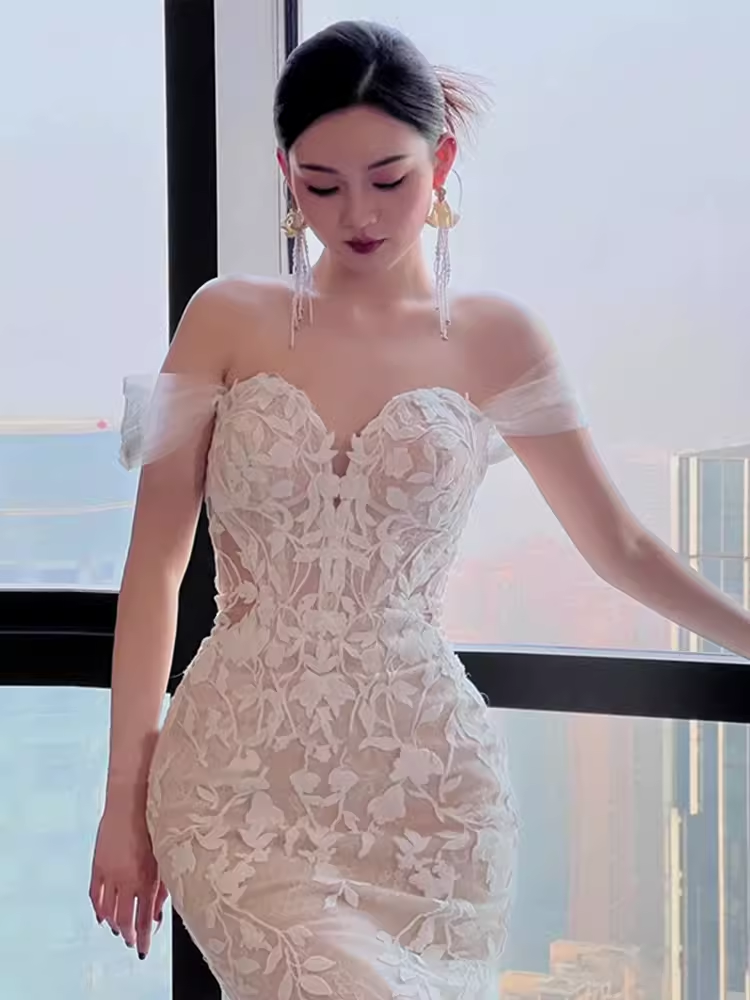 Sexy Mermaid Off The Shoulder Short Sleeves White Wedding Dresses C1477