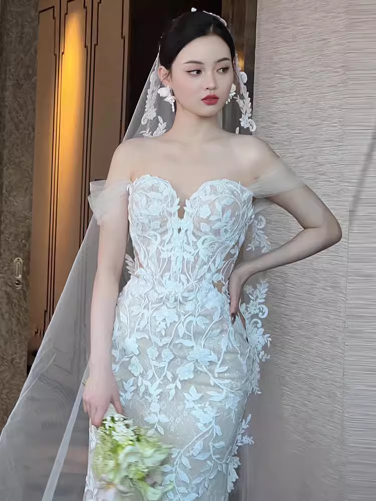 Sexy Mermaid Off The Shoulder Short Sleeves White Wedding Dresses C1477
