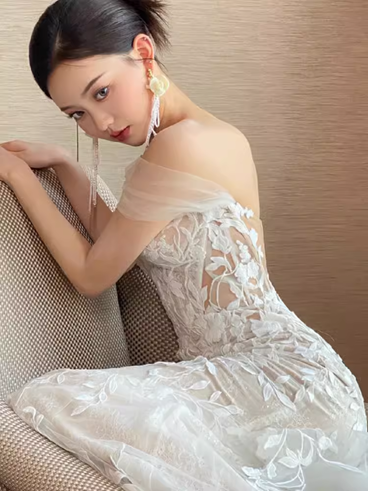 Sexy Mermaid Off The Shoulder Short Sleeves White Wedding Dresses C1477