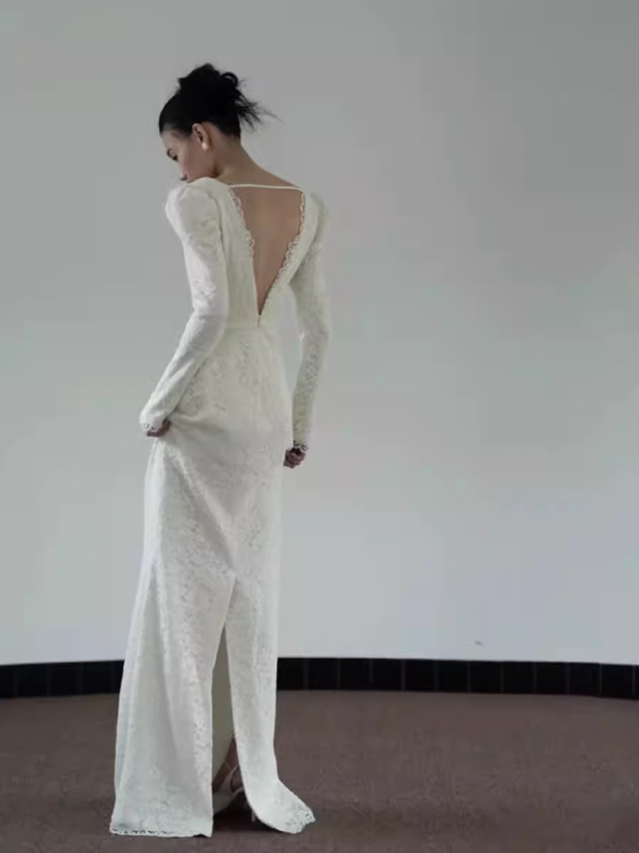 Chic Mermaid Square Neckline Long Sleeves White Lace Wedding Dresses C1479