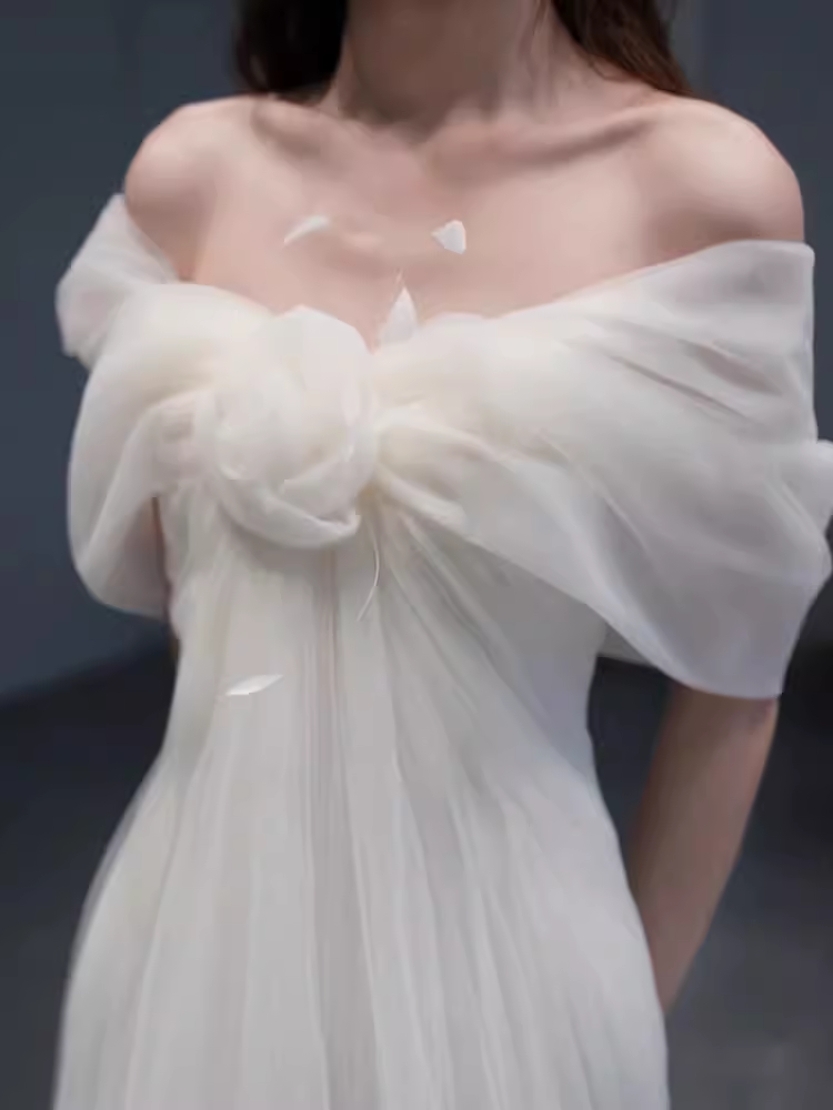 Simple A Line Off The Shoulder Tulle White Long Wedding Dresses C1482