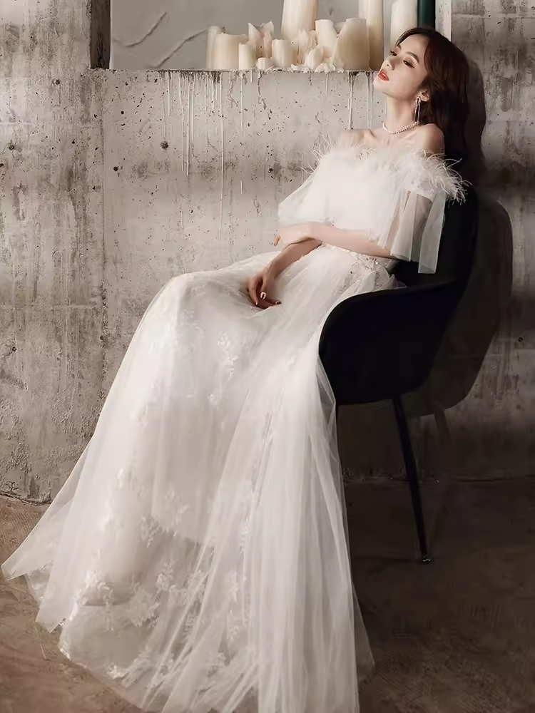 Princess A Line Off The Shoulder Tulle White Long Wedding Dresses C1484