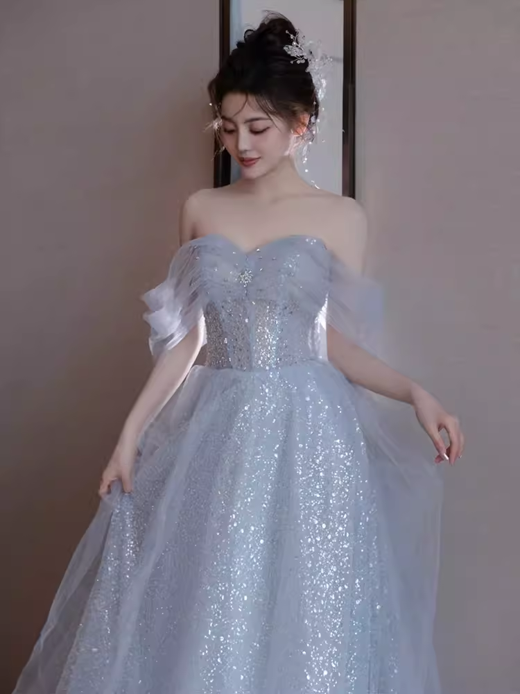 Sexy A line Off The Shoulder Tulle Gray Long Prom Dresses C1485