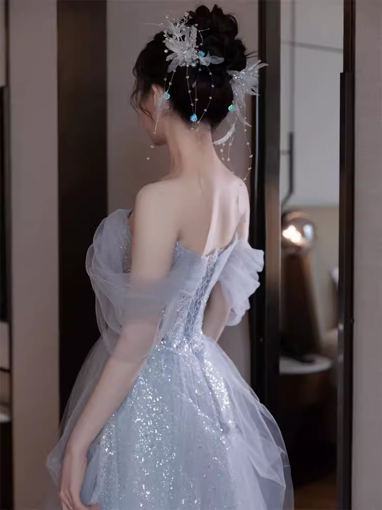Sexy A line Off The Shoulder Tulle Gray Long Prom Dresses C1485