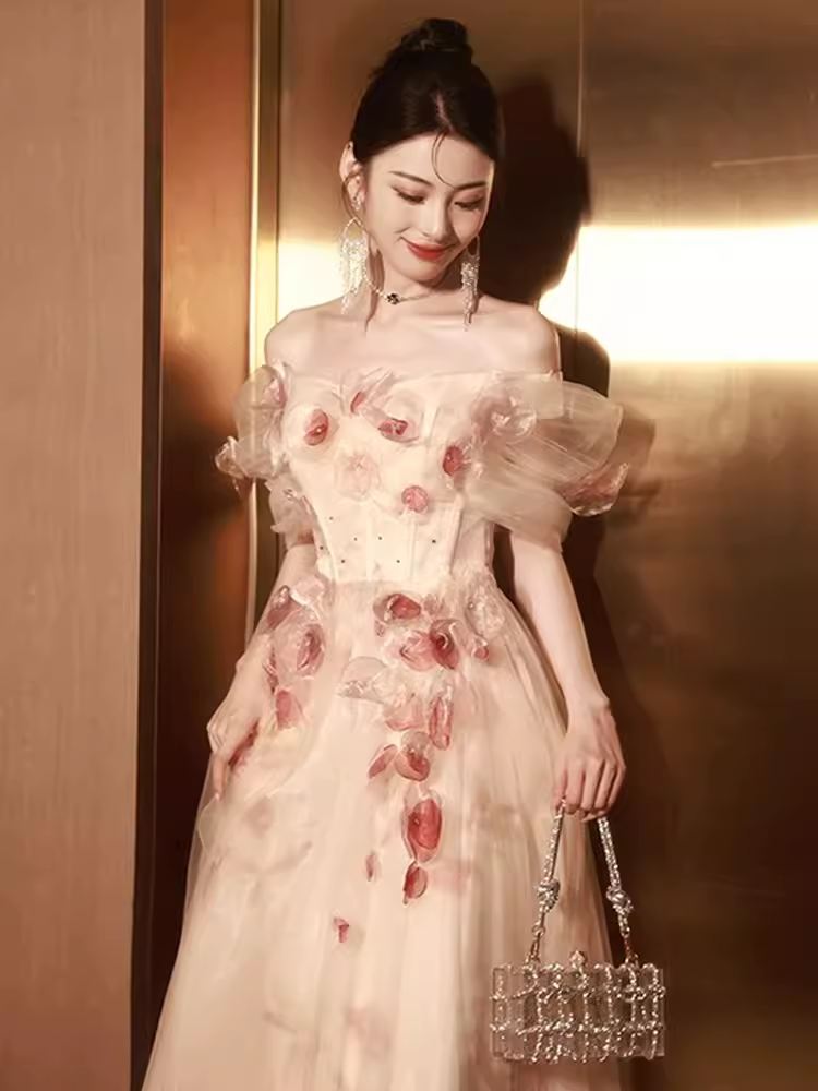 Sexy A line Off The Shoulder Tulle Flowers Long Prom Dresses C1486