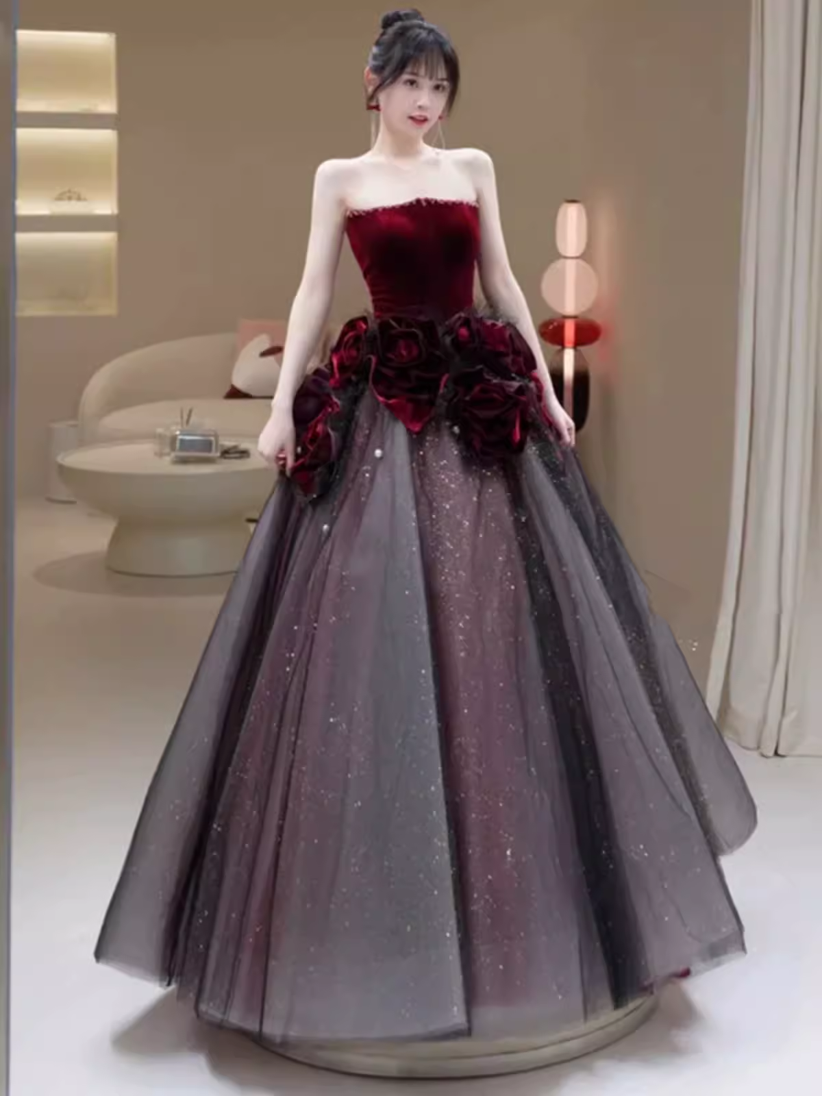 Sexy Ball Gown Strapless Velvet Burgundy Tulle Flowers Long Prom Dresses C1487