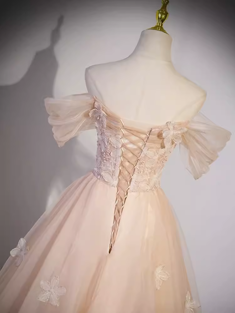 Pretty Ball Gown Off The Shoulder Tulle Lace Long Prom Dresses C1488
