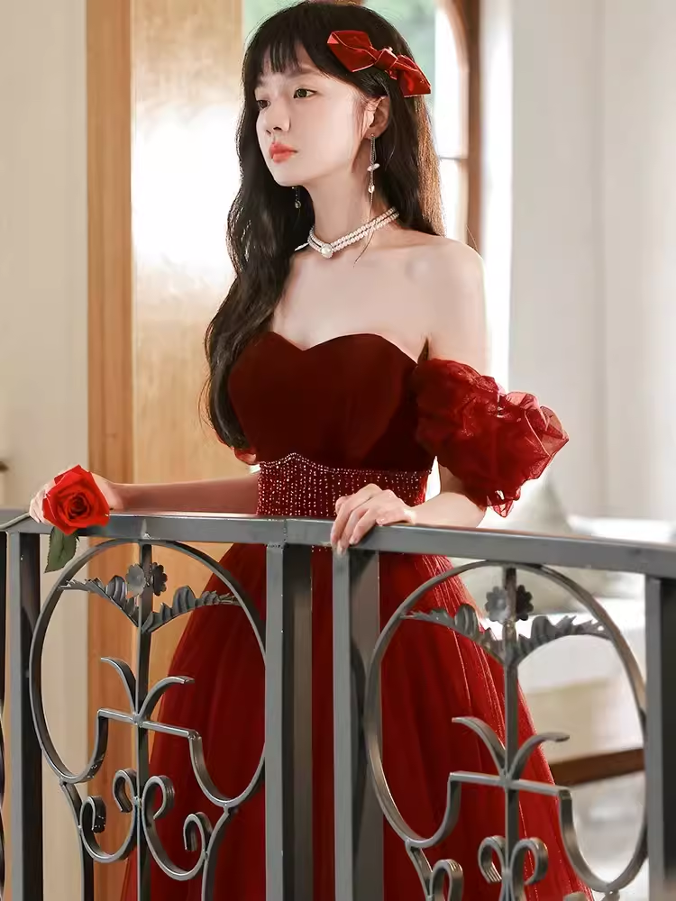Pretty A Line Off The Shoulder Burgundy Tulle Beads Long Prom Dresses C1493