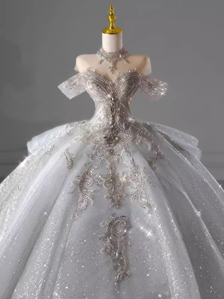 Robe de bal de luxe, épaules dénudées, manches courtes, robe de mariée à paillettes, C150
