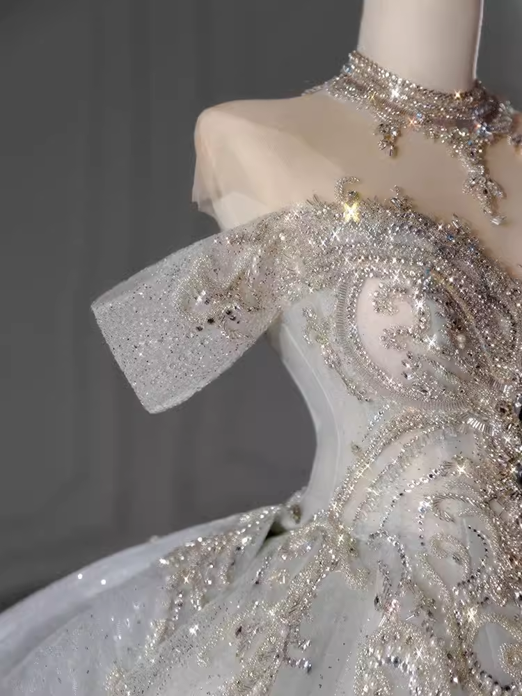 Robe de bal de luxe, épaules dénudées, manches courtes, robe de mariée à paillettes, C150
