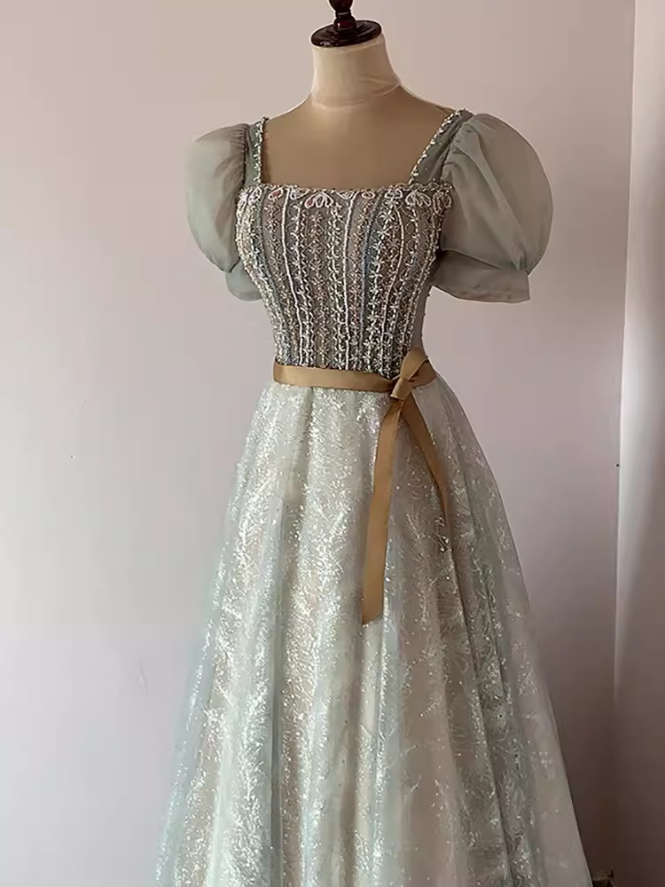Pretty A Line Square Neckline Tulle Sequin Beads Long Prom Dresses C1510