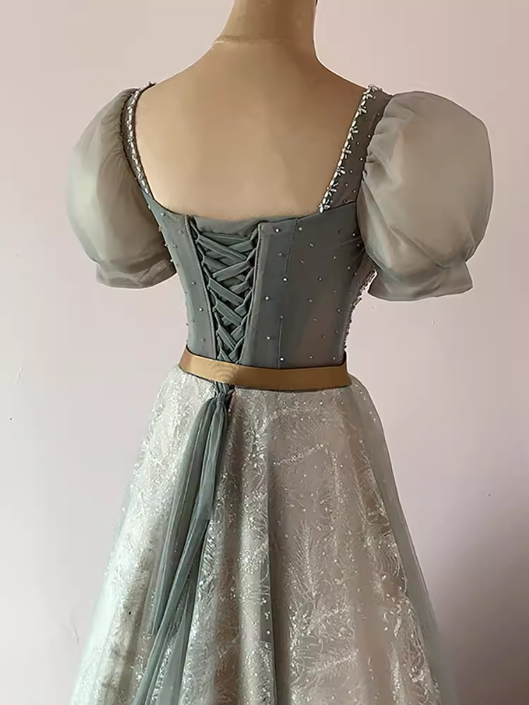Pretty A Line Square Neckline Tulle Sequin Beads Long Prom Dresses C1510
