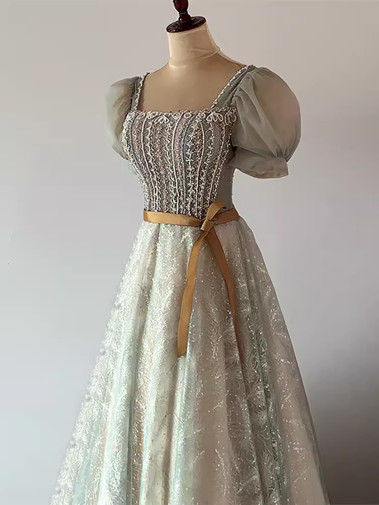 Pretty A Line Square Neckline Tulle Sequin Beads Long Prom Dresses C1510