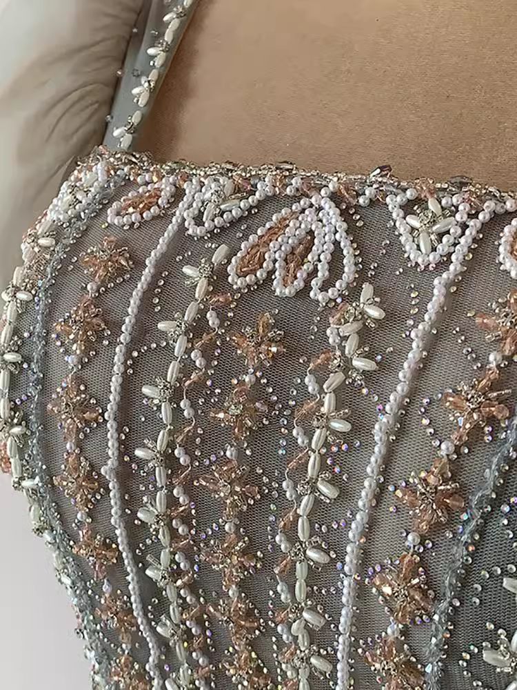 Pretty A Line Square Neckline Tulle Sequin Beads Long Prom Dresses C1510