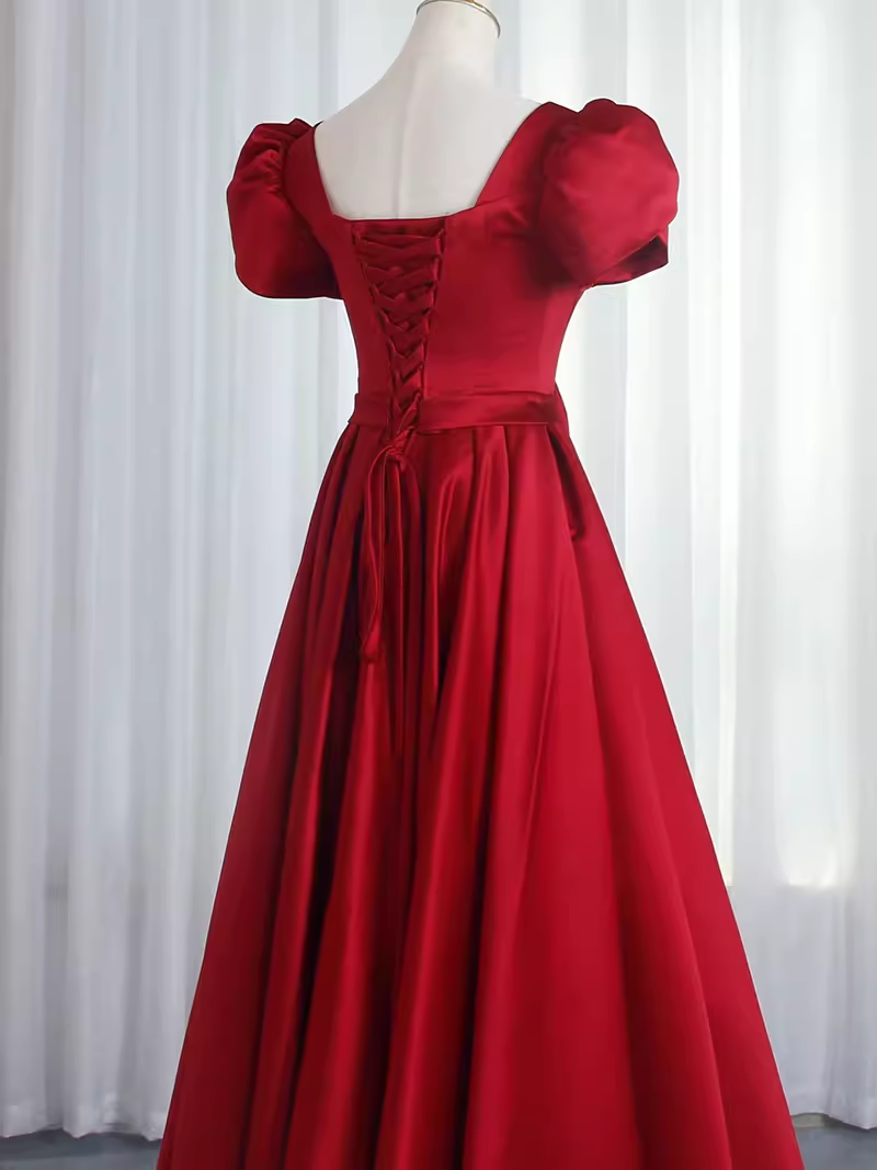 Pretty A Line Short Sleeves Satin Burgundy Long Prom Dresses C1515