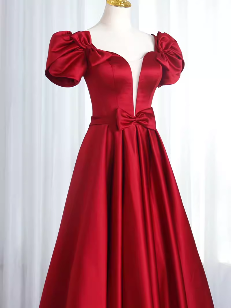 Pretty A Line Short Sleeves Satin Burgundy Long Prom Dresses C1515