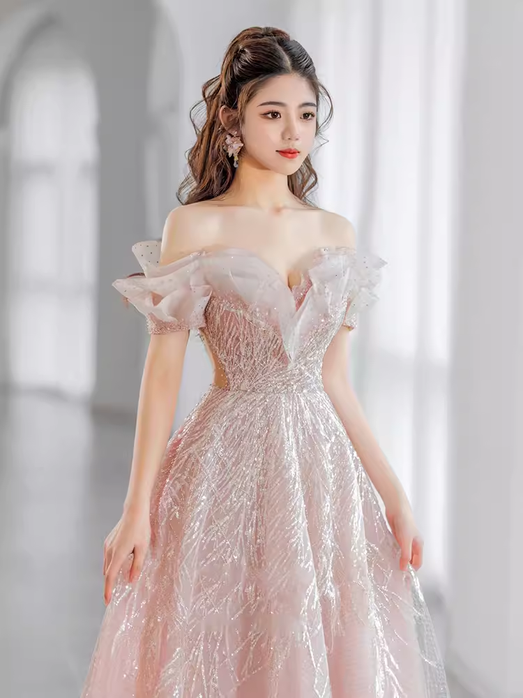 Fairytale A line Off The Shoulder Pink Sequin Long Evening Dress Prom Dresses C1550