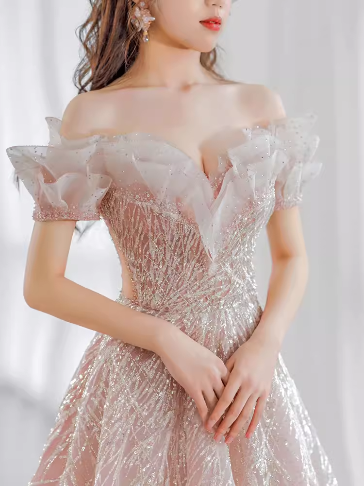 Conte de fées une ligne hors de l'épaule rose paillettes longue robe de soirée robes de bal C1550