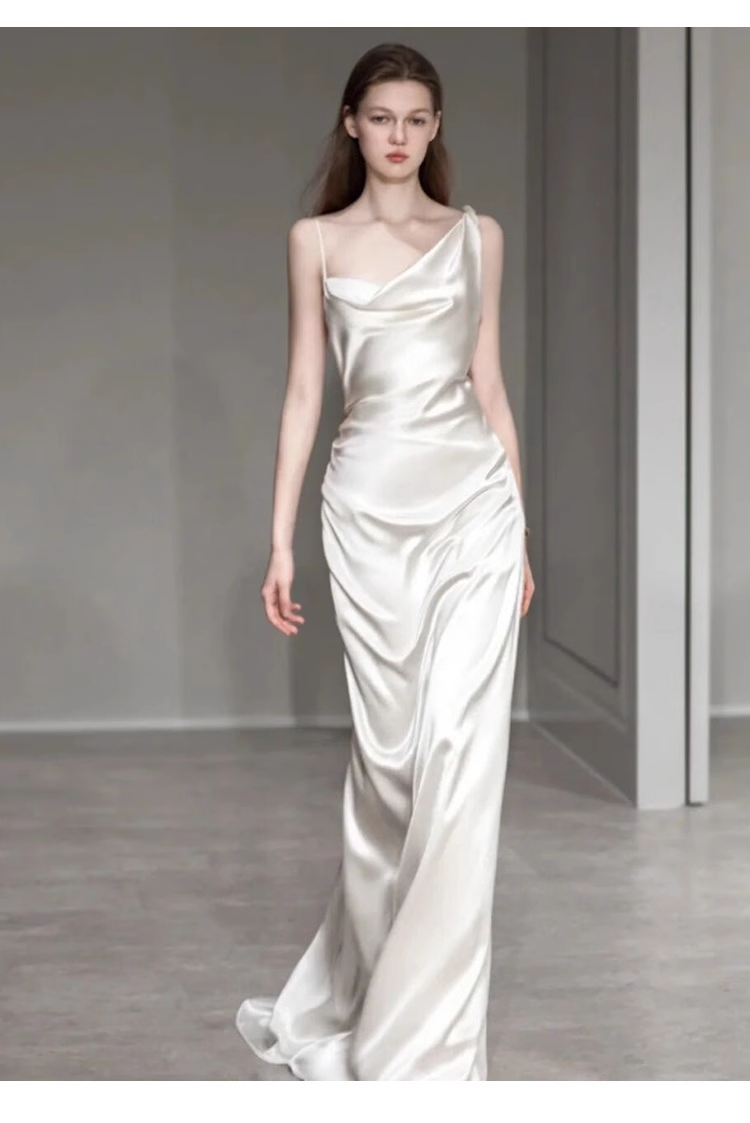 Vintage Sheath Irregular Neckline Satin White Wedding Dress C1597