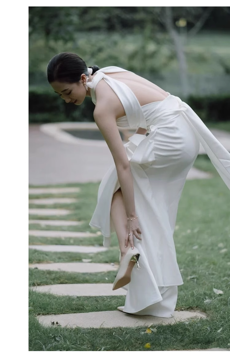 Vintage Sheath Halter Satin White Backless Wedding Dresses C1599