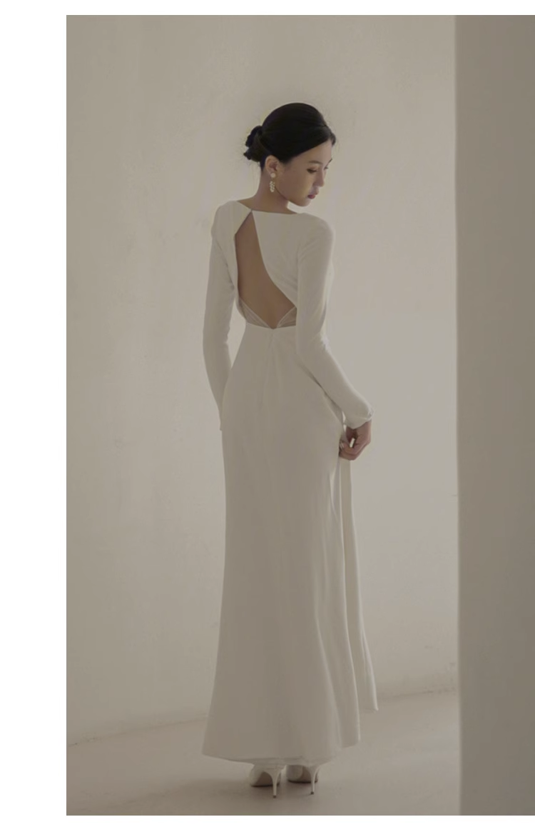 Sexy Mermaid Scoop White Backless Satin Long Wedding Dresses C1606