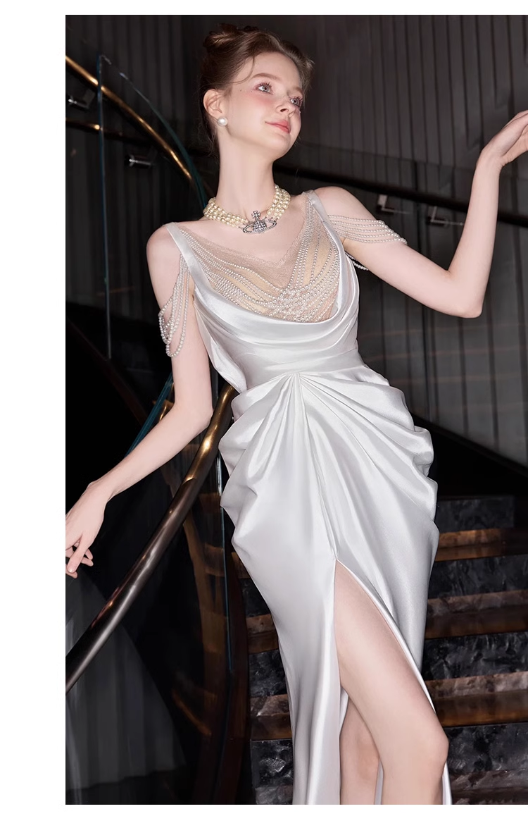 Sexy Mermaid Straps White Pearls Slit Long Wedding Dresses C1607