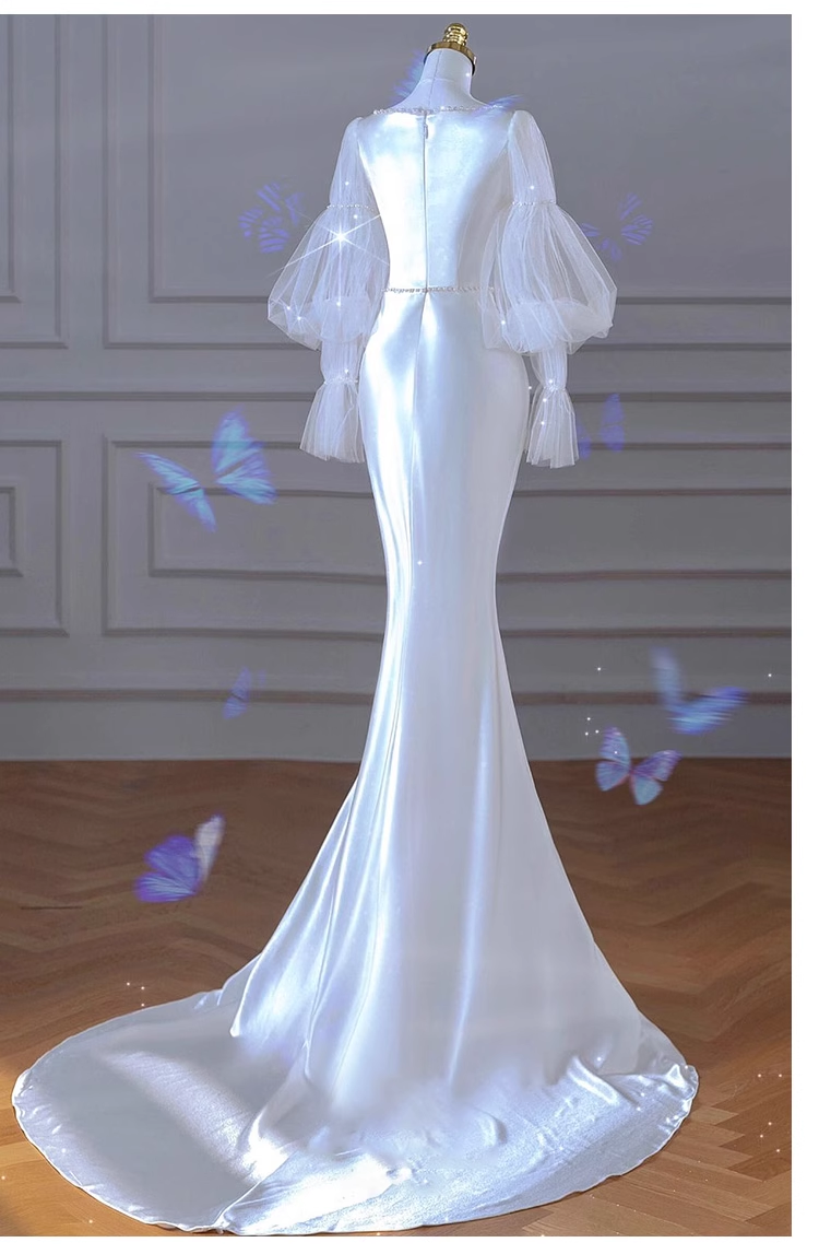 Sexy Mermaid U Neckline Long Sleeves Satin Long Wedding Dresses With Pearls C1611
