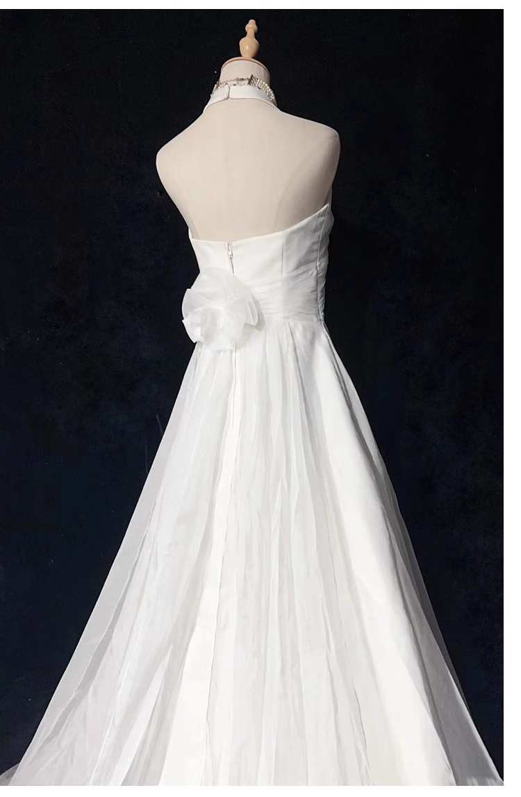 Chic A line High Neckline Backless Satin Long Wedding Dresses With Ruffles C1616
