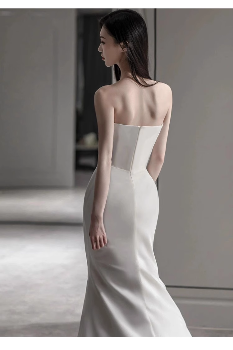 Chic A line Strapless Satin Long Wedding Dresses With Ruffles C1617