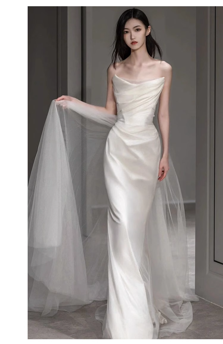 Chic A line Strapless Satin Long Wedding Dresses With Ruffles C1617