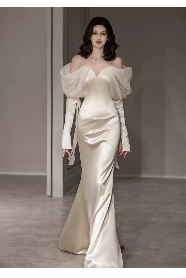 Sexy Sheath Off The Shoulder Long Sleeves Satin Long Wedding Dresses C1621