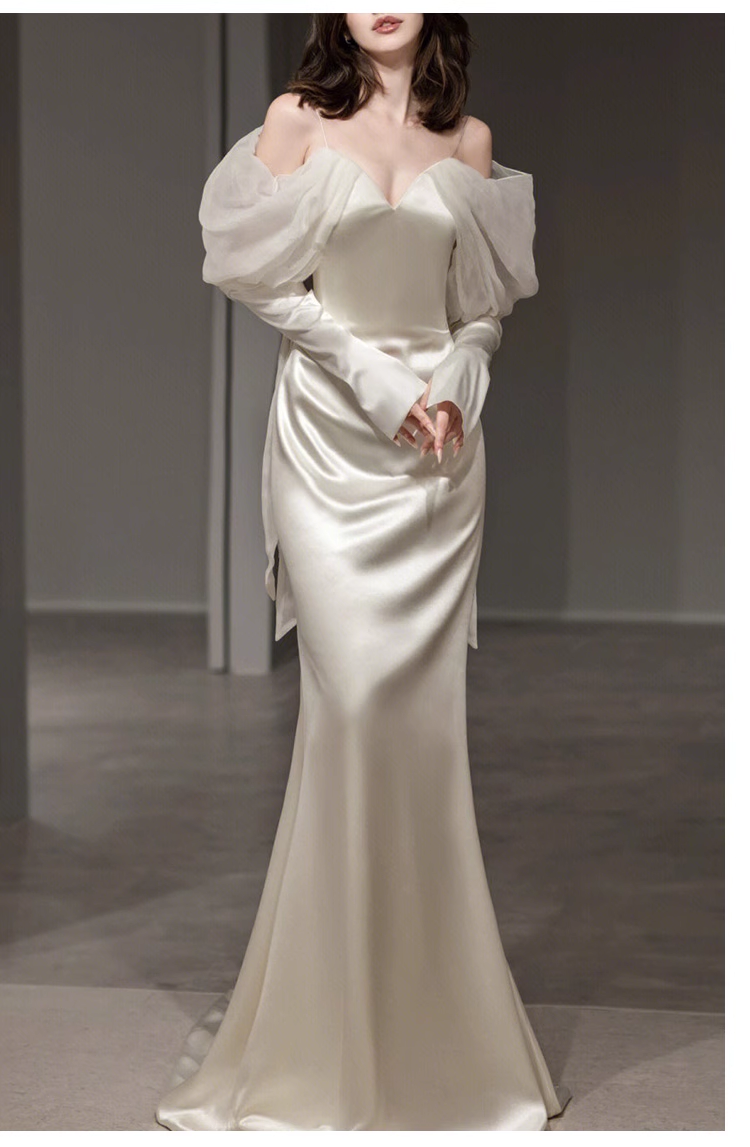 Sexy Sheath Off The Shoulder Long Sleeves Satin Long Wedding Dresses C1621