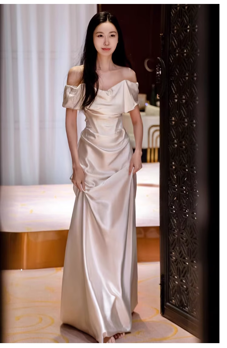 Sexy Sheath Off The Shoulder Satin Long Wedding Dresses With Ruffles C1625