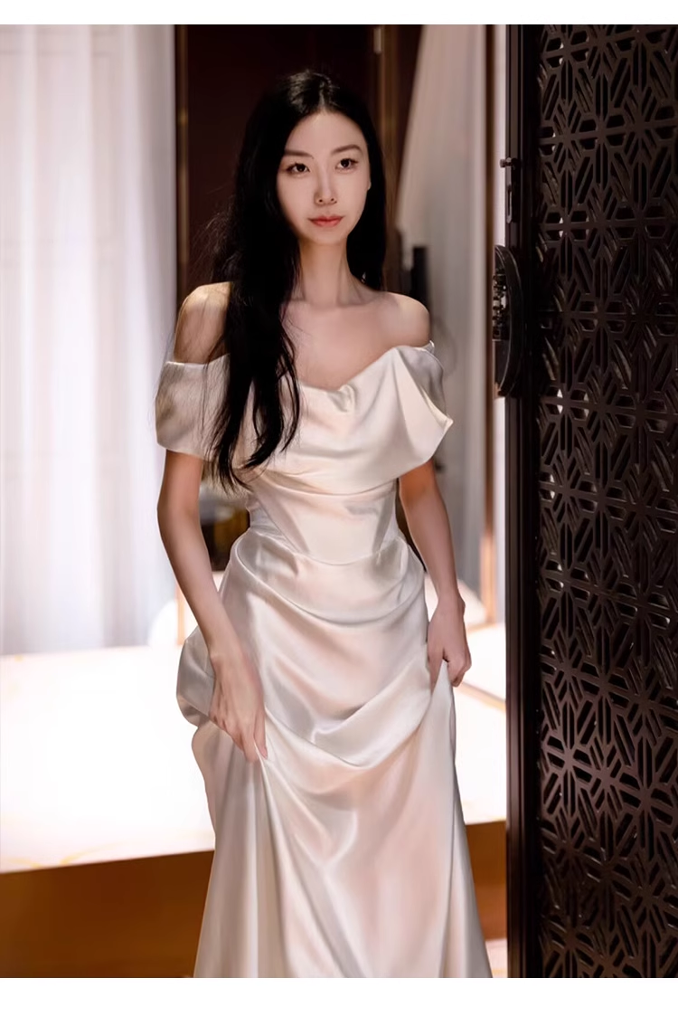 Sexy Sheath Off The Shoulder Satin Long Wedding Dresses With Ruffles C1625