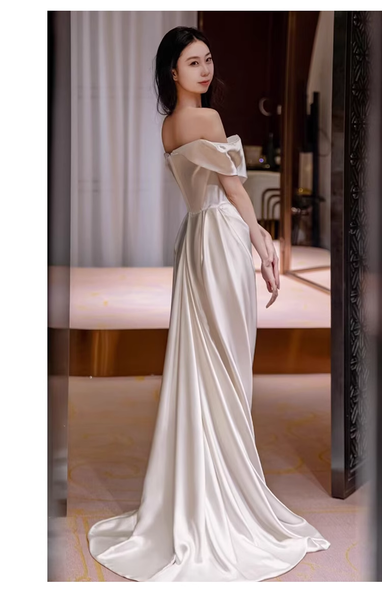 Sexy Sheath Off The Shoulder Satin Long Wedding Dresses With Ruffles C1625