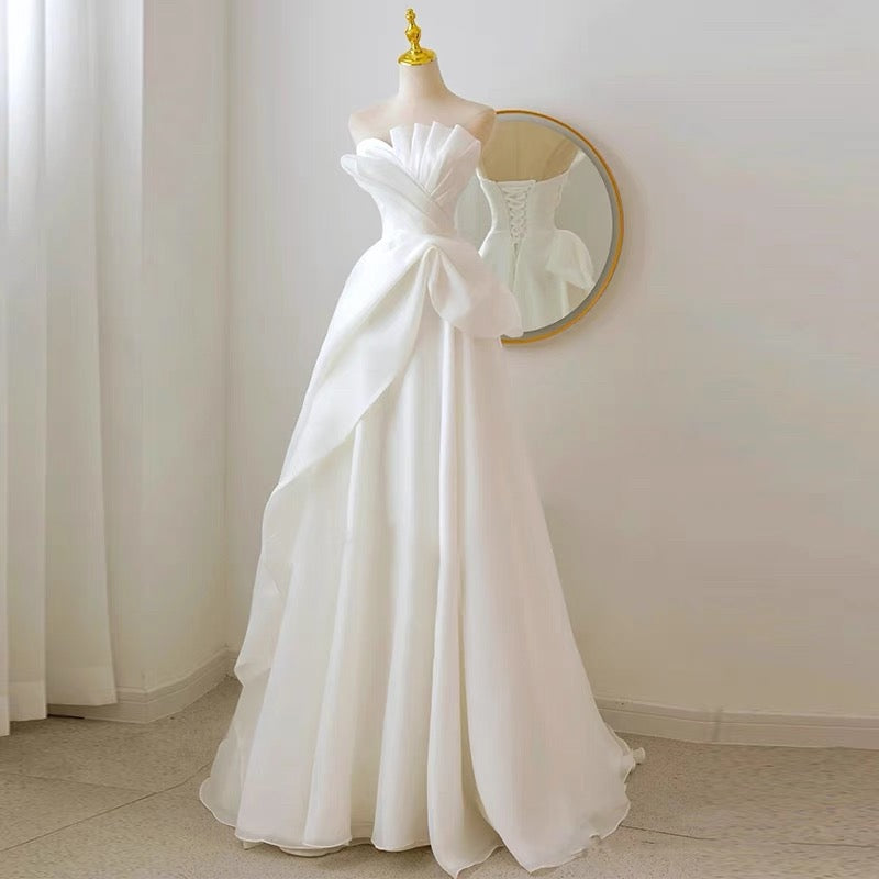 Timeless A line Strapless Chiffon Long Wedding Dresses With Ruffles C1628