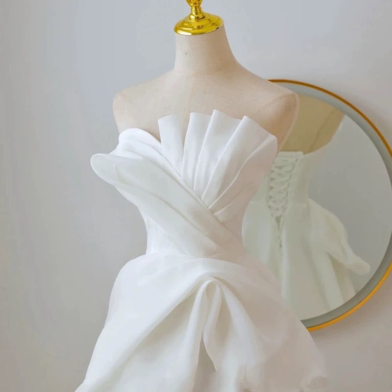 Timeless A line Strapless Chiffon Long Wedding Dresses With Ruffles C1628