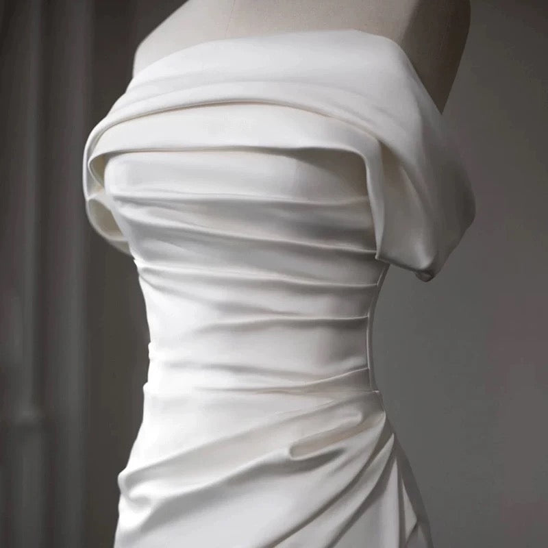 Timeless Sheath Off The Shoulder Satin Long Wedding Dresses With Slit C1629