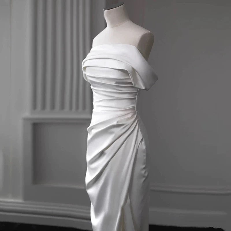 Timeless Sheath Off The Shoulder Satin Long Wedding Dresses With Slit C1629