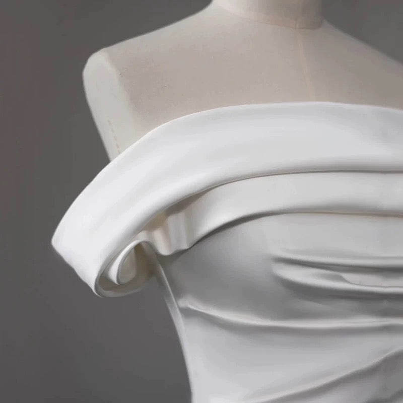 Timeless Sheath Off The Shoulder Satin Long Wedding Dresses With Slit C1629