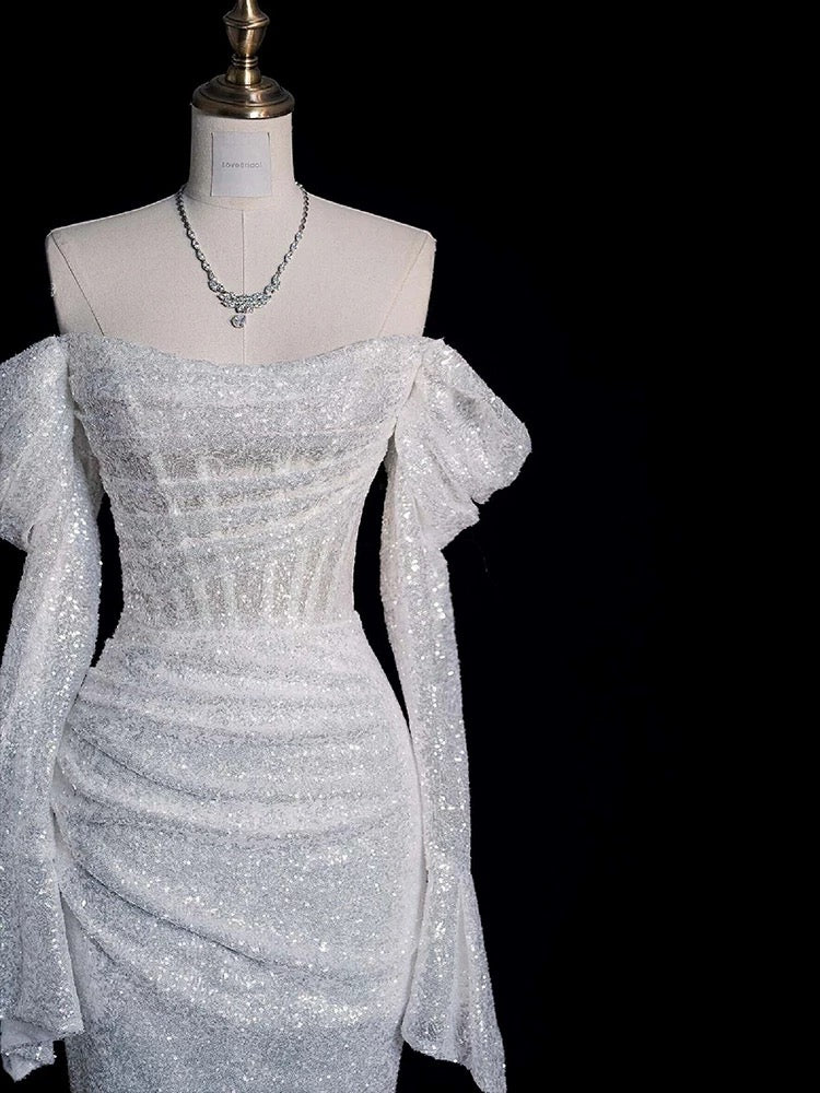 Timeless Mermaid Off The Shoulder Long Sleeves Sequin Wedding Dresses With Ruffles C1630