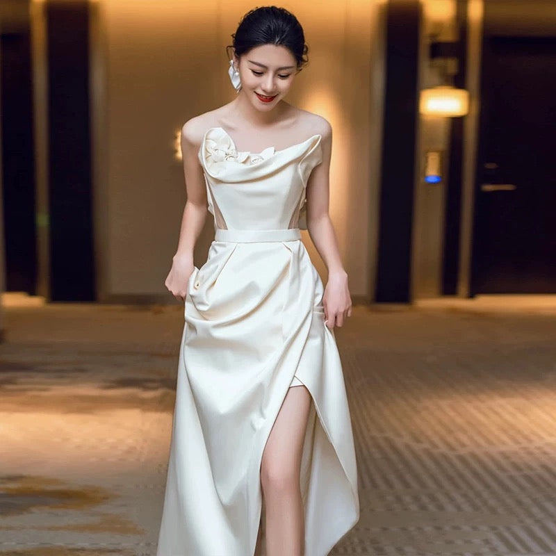 Classy Sheath Strapless Satin Ankle Length Wedding Dresses With Flowers C1634