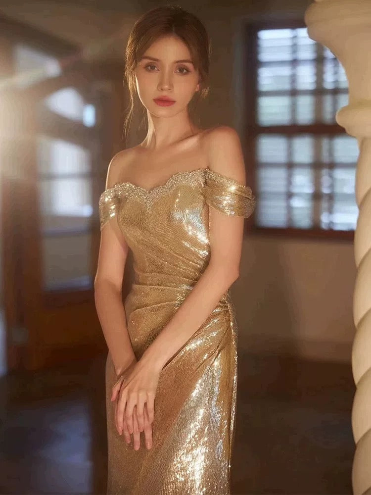 Sexy Sheath Off The Shoulder Gold Sequin Long Prom Dresses C1639