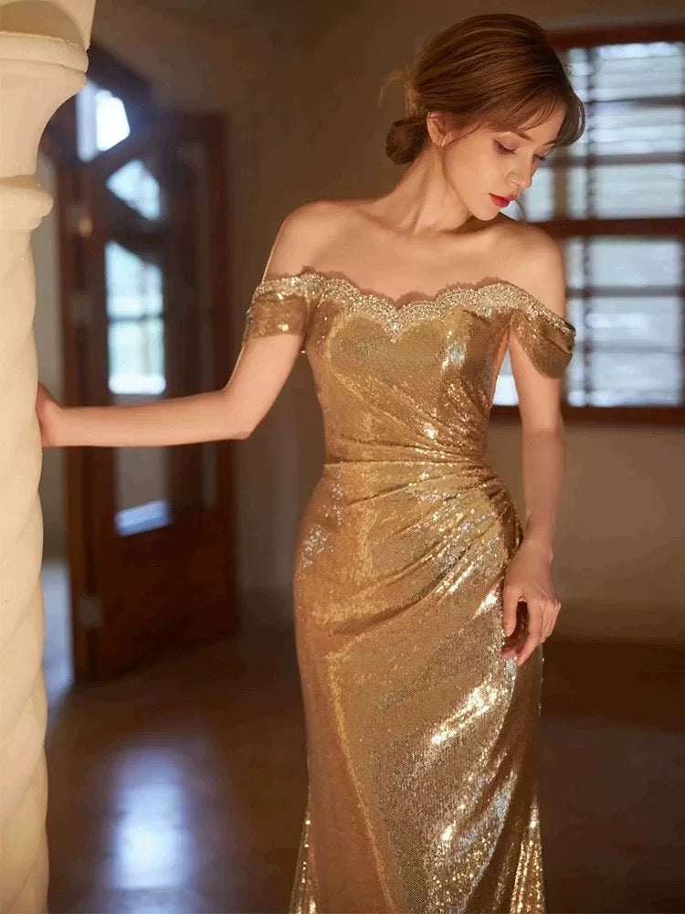Sexy Sheath Off The Shoulder Gold Sequin Long Prom Dresses C1639